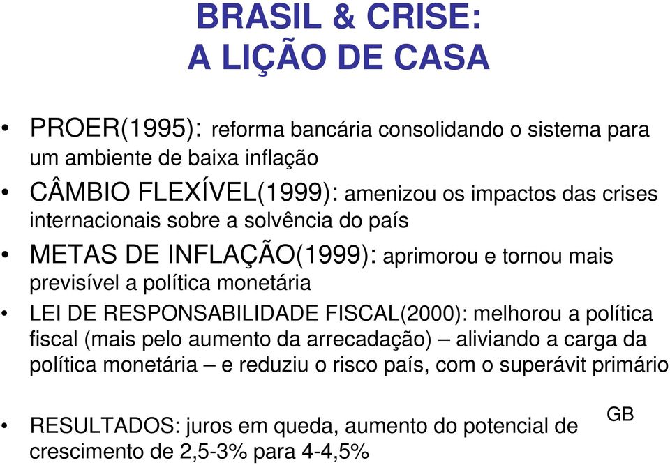 política monetária LEI DE RESPONSABILIDADE FISCAL(2000): melhorou a política fiscal (mais pelo aumento da arrecadação) aliviando a carga da