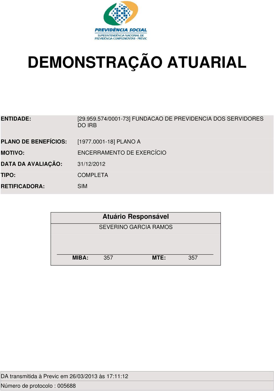 MOTIVO: DATA DA AVALIAÇÃO: TIPO: RETIFICADORA: [1977.