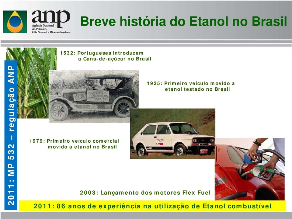 etanol no Brasil 1925: Primeiro i veículo movido a etanol testado no Brasil 2003: