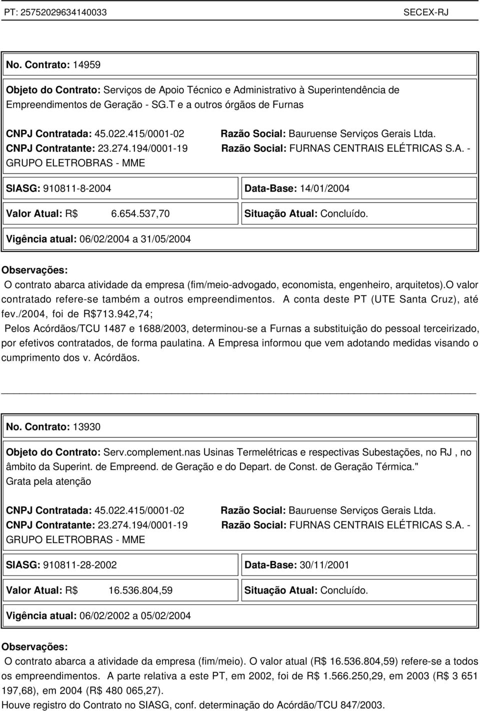 CENTRAIS ELÉTRICAS S.A. - GRUPO ELETROBRAS - MME SIASG: 910811-8-2004 Data-Base: 14/01/2004 Valor Atual: R$ 6.654.537,70 Situação Atual: Concluído.