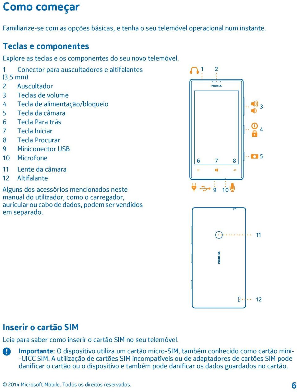 Miniconector USB 10 Microfone 11 Lente da câmara 12 Altifalante Alguns dos acessórios mencionados neste manual do utilizador, como o carregador, auricular ou cabo de dados, podem ser vendidos em