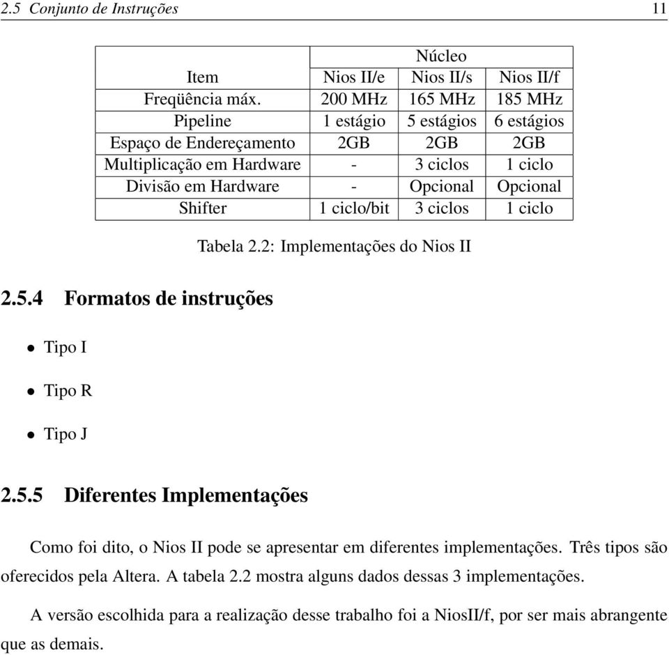 Opcional Shifter 1 ciclo/bit 3 ciclos 1 ciclo Tabela 2.2: Implementações do Nios II 2.5.