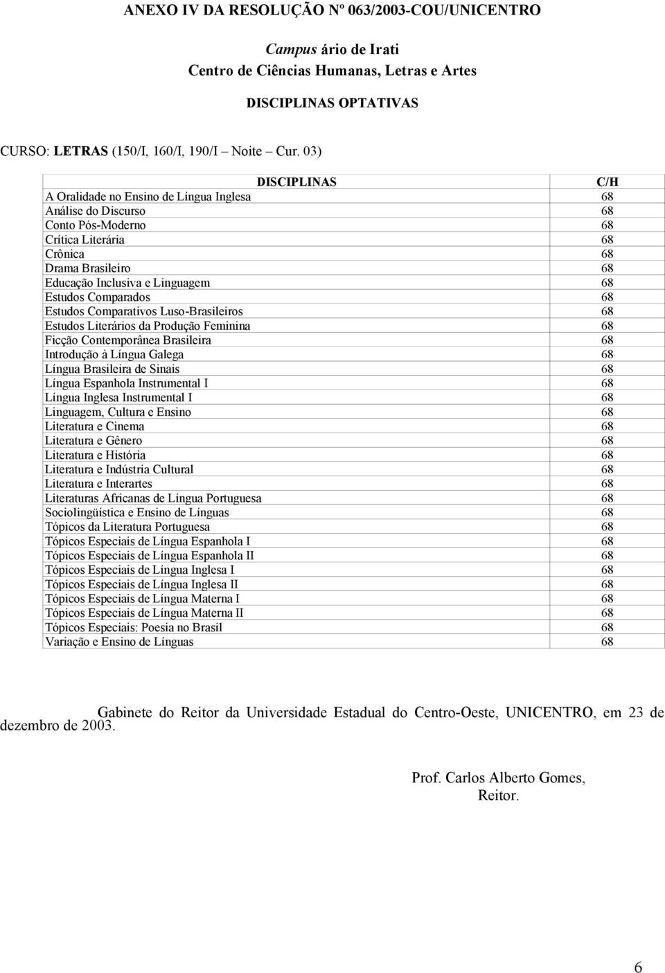 Estudos Comparados 68 Estudos Comparativos Luso-Brasileiros 68 Estudos Literários da Produção Feminina 68 Ficção Contemporânea Brasileira 68 Introdução à Língua Galega 68 Língua Brasileira de Sinais