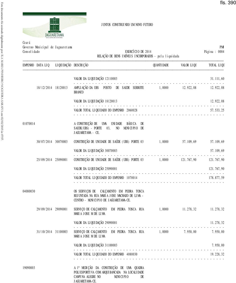 533,25 01070014 A CONSTRUÇÃO DE UMA UNIDADE BÁSICA DE SAUDE(UBS) - PORTE 03, NO MUNICIPIO DE JAGUARETAMA - CE. 30/07/2014 30070003 CONSTRUÇÃO DE UNIDADE DE SAÚDE (UBS) PORTE 03 1,0000 57.109,69 57.