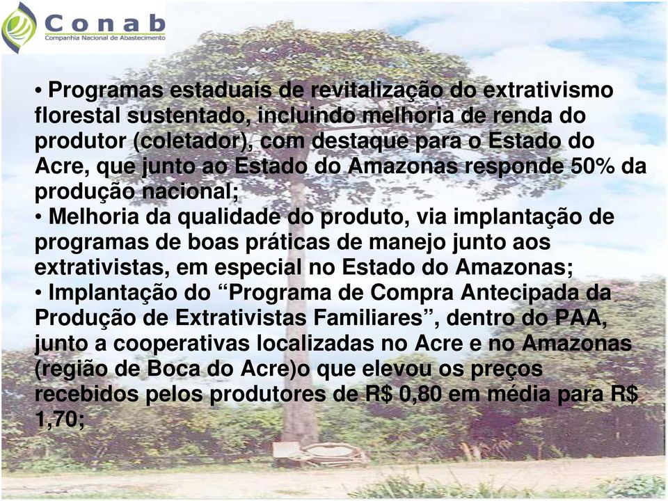 manejo junto aos extrativistas, em especial no Estado do Amazonas; Implantação do Programa de Compra Antecipada da Produção de Extrativistas Familiares, dentro