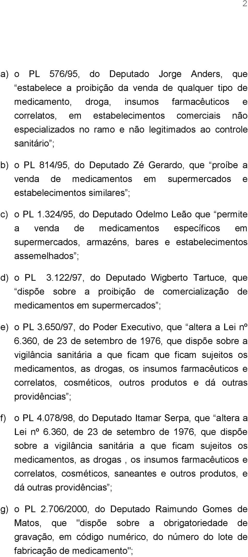 324/95, do Deputado Odelmo Leão que permite a venda de medicamentos específicos em supermercados, armazéns, bares e estabelecimentos assemelhados ; d) o PL 3.