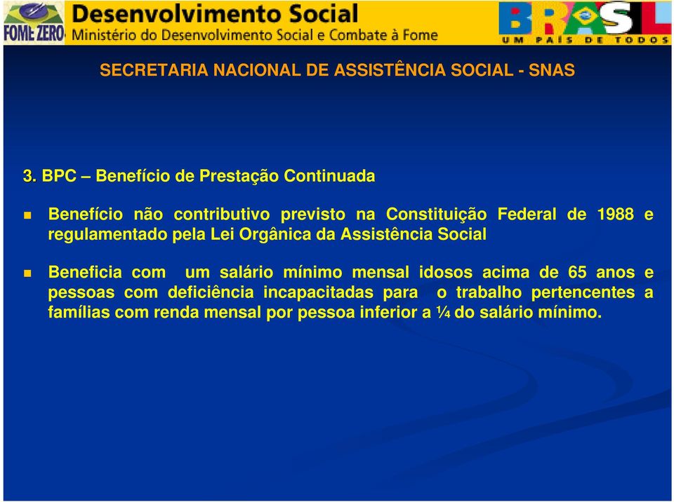 1988 e regulamentado pela Lei Orgânica da Assistência Social Beneficia com um salário mínimo mensal