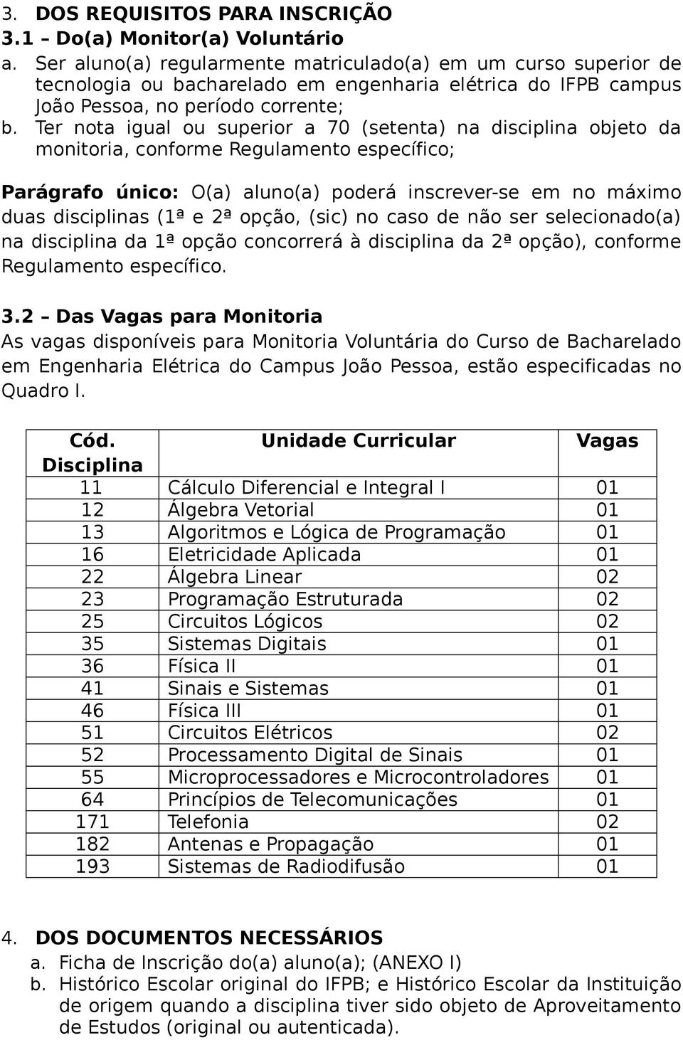 Ter nota igual ou superior a 70 (setenta) na disciplina objeto da monitoria, conforme Regulamento específico; Parágrafo único: O(a) aluno(a) poderá inscrever-se em no máximo duas disciplinas (1ª e 2ª