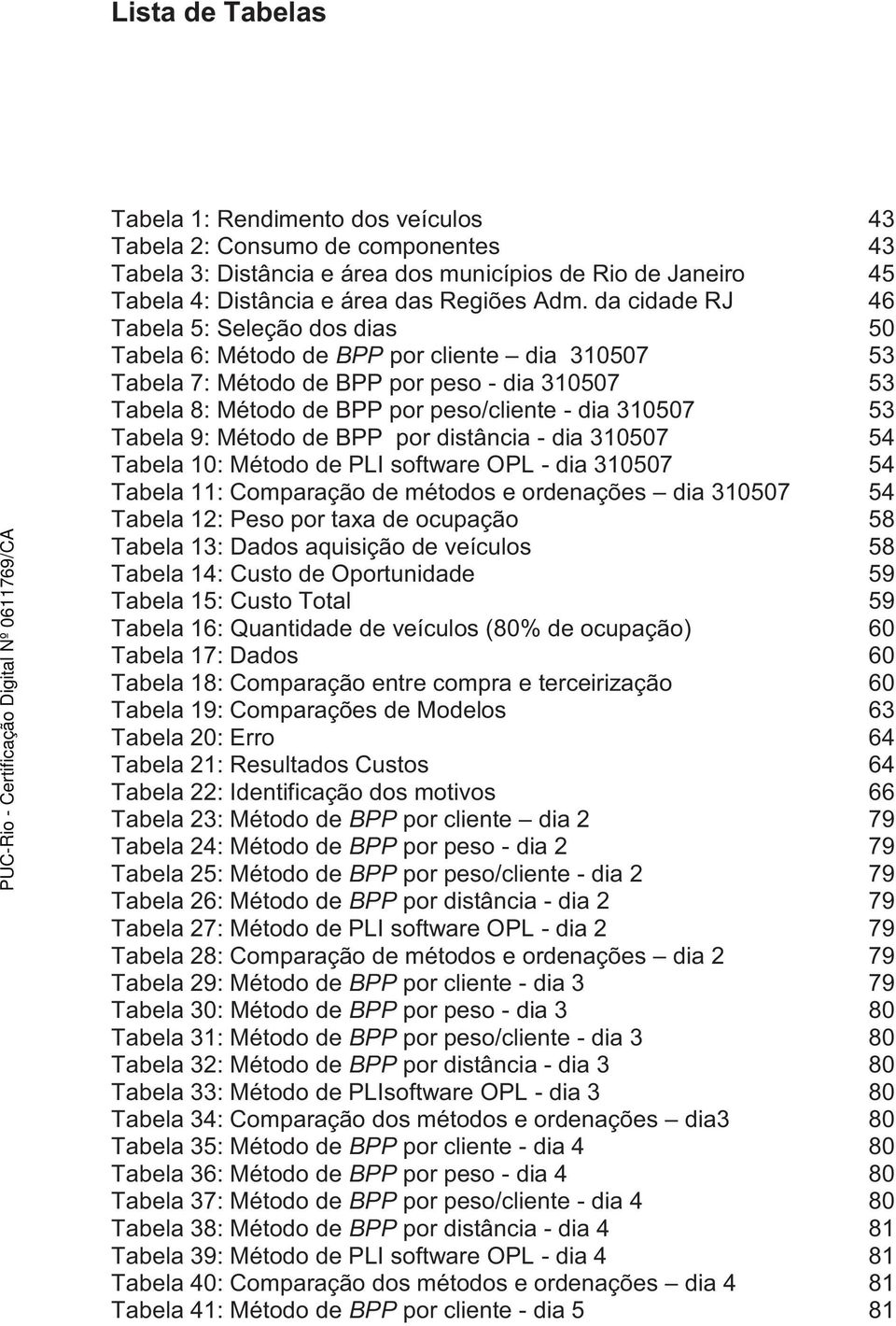 53 Tabela 9: Método de BPP por distância - dia 310507 54 Tabela 10: Método de PLI software OPL - dia 310507 54 Tabela 11: Comparação de métodos e ordenações dia 310507 54 Tabela 12: Peso por taxa de