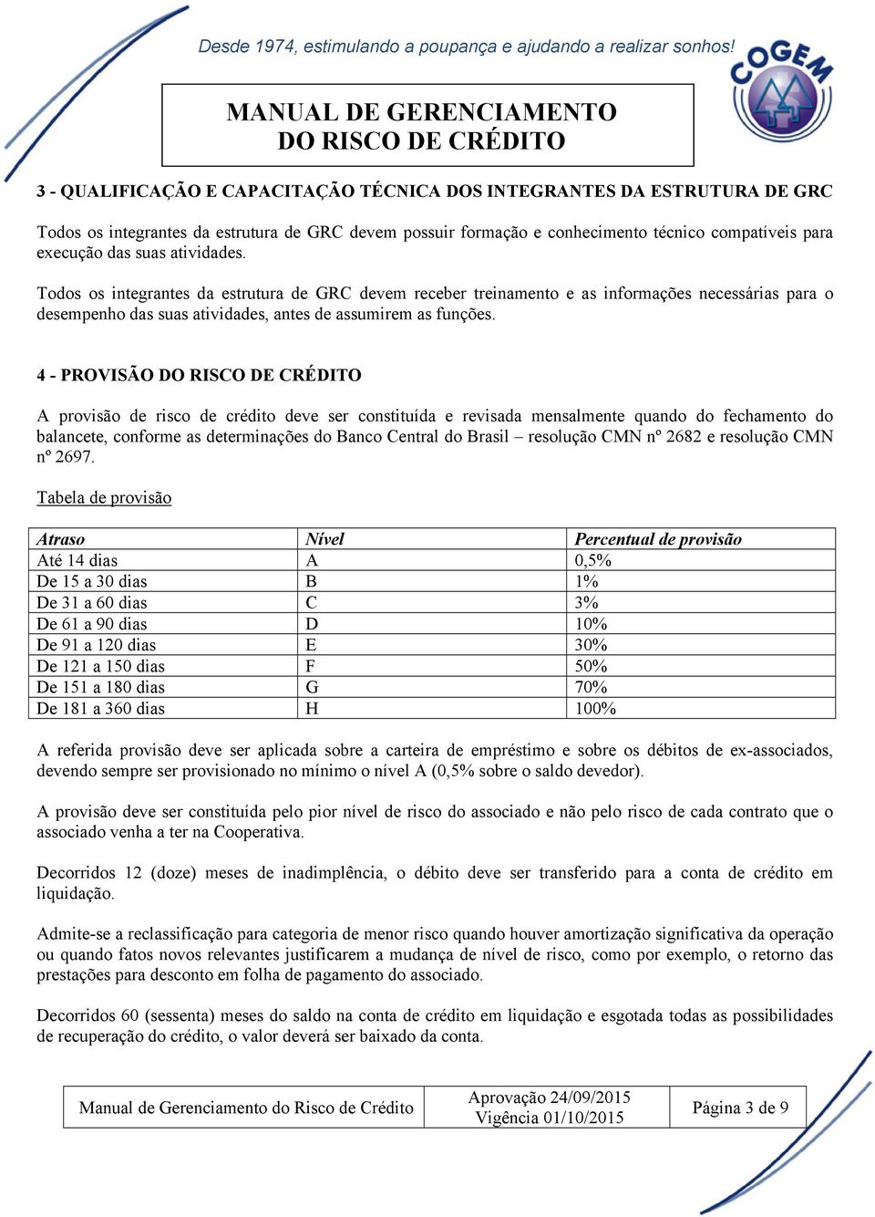 4 - PROVISÃO A provisão de risco de crédito deve ser constituída e revisada mensalmente quando do fechamento do balancete, conforme as determinações do Banco Central do Brasil resolução CMN nº 2682 e