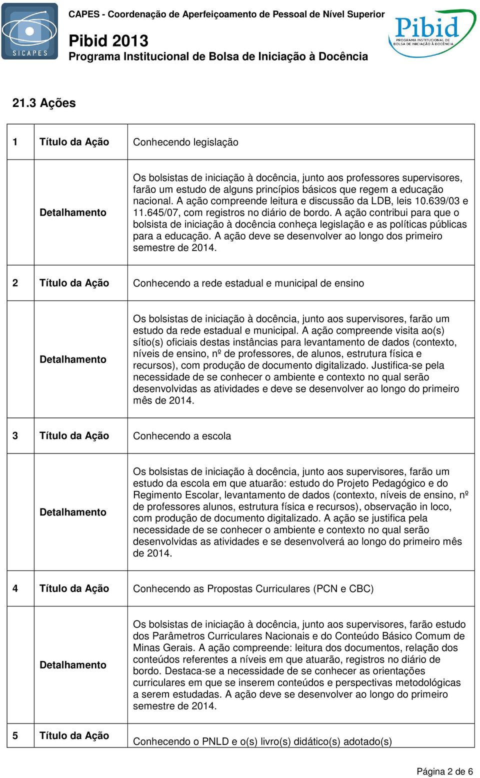 A ação contribui para que o bolsista de iniciação à docência conheça legislação e as políticas públicas para a educação. A ação deve se desenvolver ao longo dos primeiro semestre de 2014.