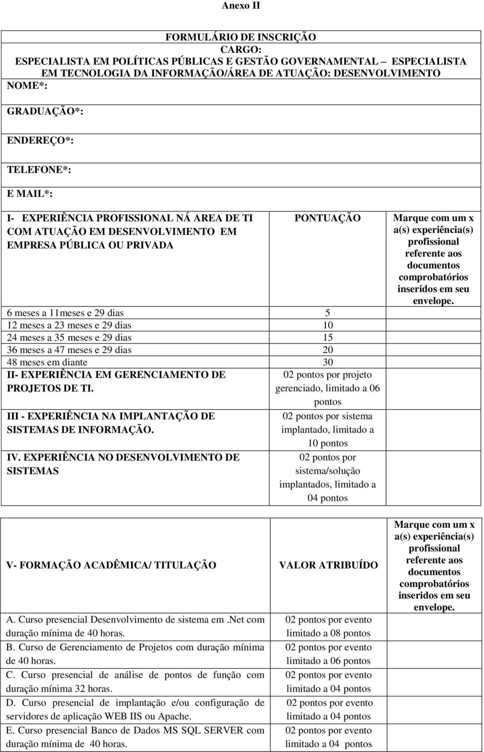 Curso presencial Desenvolvimento de sistema em.net com duração mínima de 40 horas. B. Curso de Gerenciamento de Projetos com duração mínima de 40 horas. C. Curso presencial de análise de de função com duração mínima 32 horas.