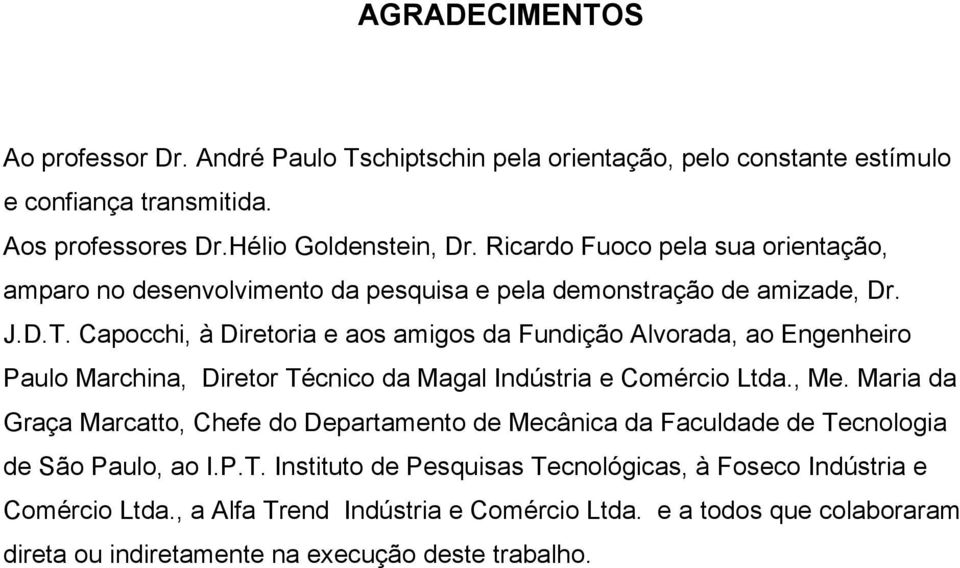 Capocchi, à Diretoria e aos amigos da Fundição Alvorada, ao Engenheiro Paulo Marchina, Diretor Técnico da Magal Indústria e Comércio Ltda., Me.
