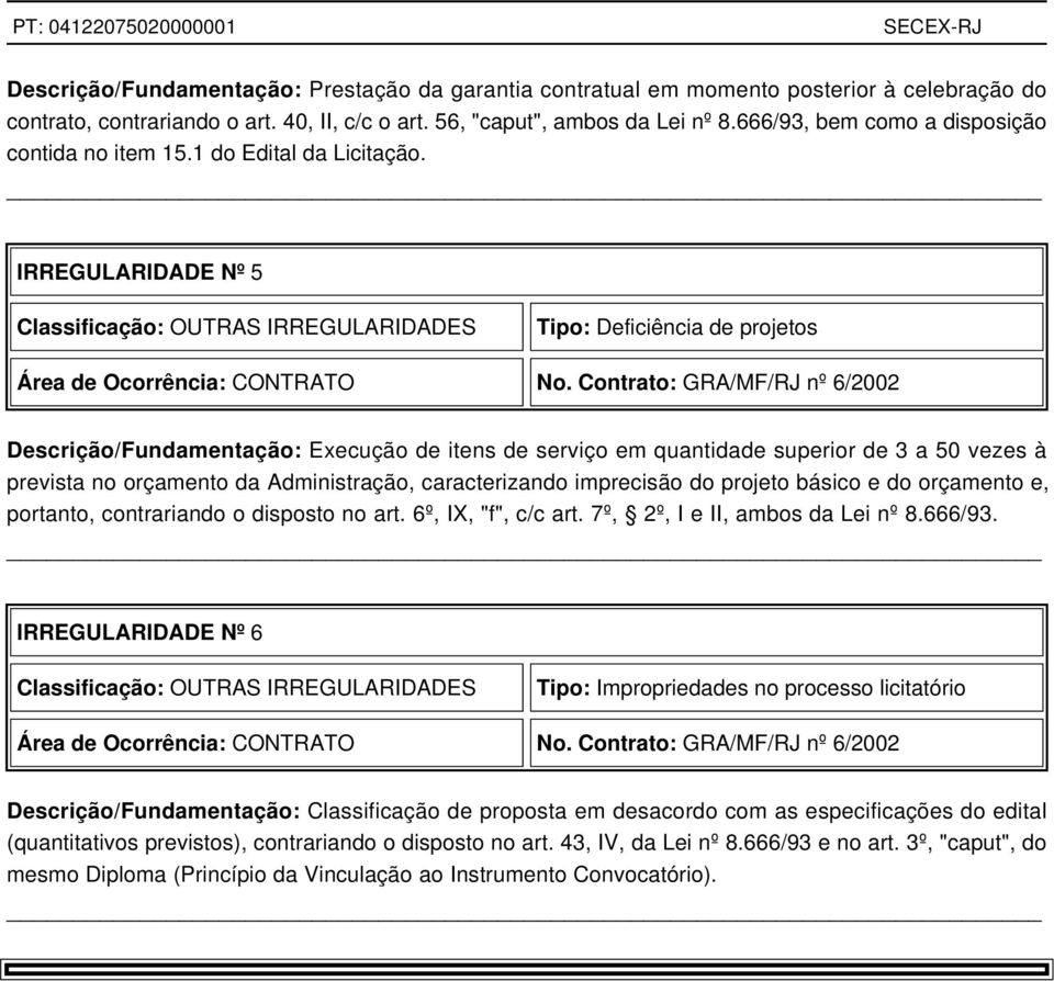 Contrato: GRA/MF/RJ nº 6/2002 Descrição/Fundamentação: Execução de itens de serviço em quantidade superior de 3 a 50 vezes à prevista no orçamento da Administração, caracterizando imprecisão do