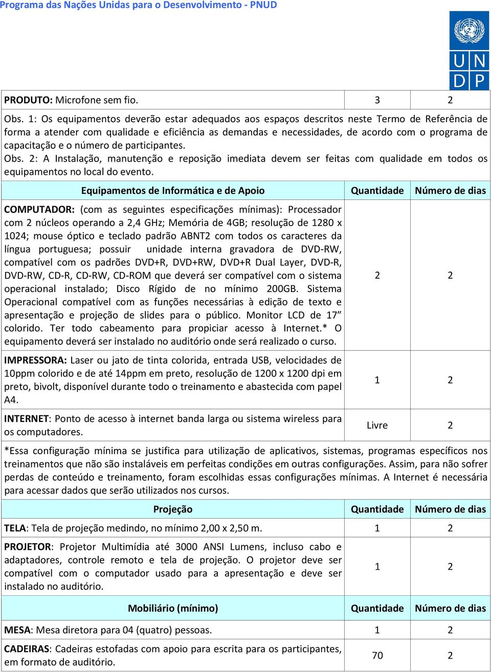 capacitação e o número de participantes. Obs. 2: A Instalação, manutenção e reposição imediata devem ser feitas com qualidade em todos os equipamentos no local do evento.