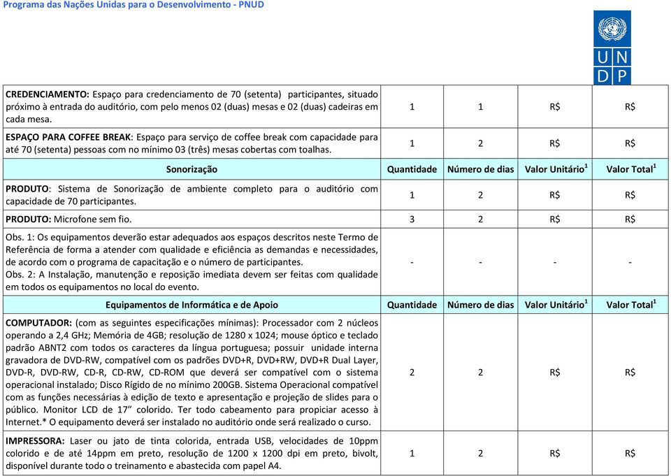 1 1 R$ R$ R$ R$ Sonorização Valor Unitário 1 Valor Total 1 PRODUTO: Sistema de Sonorização de ambiente completo para o auditório com capacidade de 70 participantes. R$ R$ PRODUTO: Microfone sem fio.