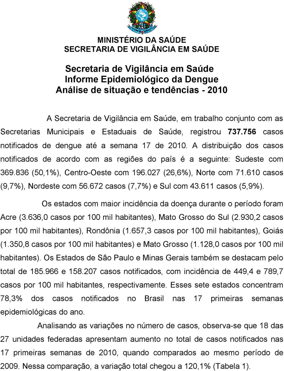 A distribuição dos casos notificados de acordo com as regiões do país é a seguinte: Sudeste com 369.836 (5,1%), Centro-Oeste com 196.27 (26,6%), Norte com 71.61 casos (9,7%), Nordeste com 56.