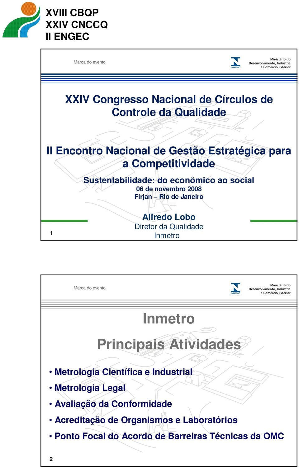 Diretor da Qualidade Inmetro Inmetro Principais Atividades Metrologia Científica e Industrial Metrologia Legal