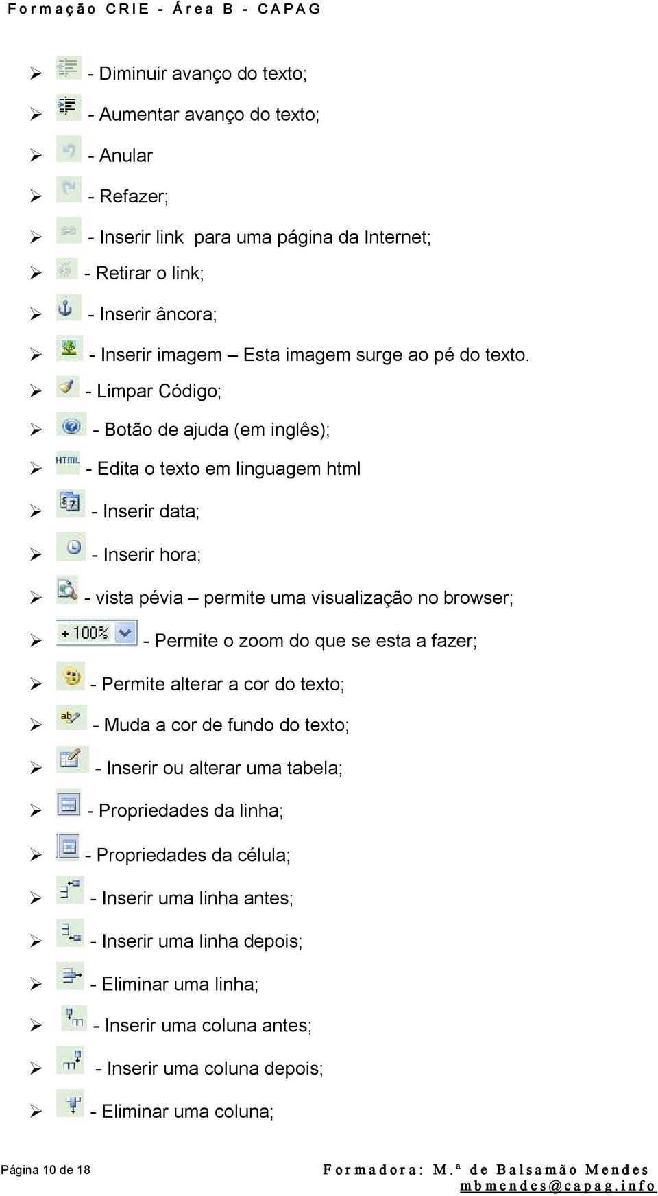 Limpar Código; Botão de ajuda (em inglês); Edita o texto em linguagem html Inserir data; Inserir hora; vista pévia permite uma visualização no browser; Permite o zoom do