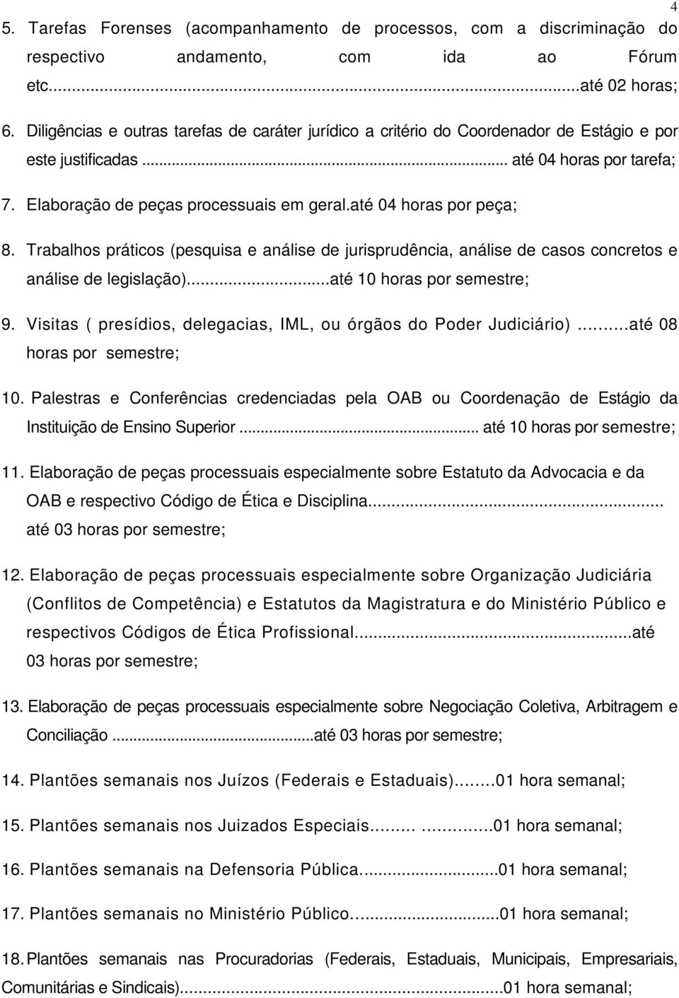 até 04 horas por peça; 8. Trabalhos práticos (pesquisa e análise de jurisprudência, análise de casos concretos e análise de legislação)...até 10 horas por semestre; 9.