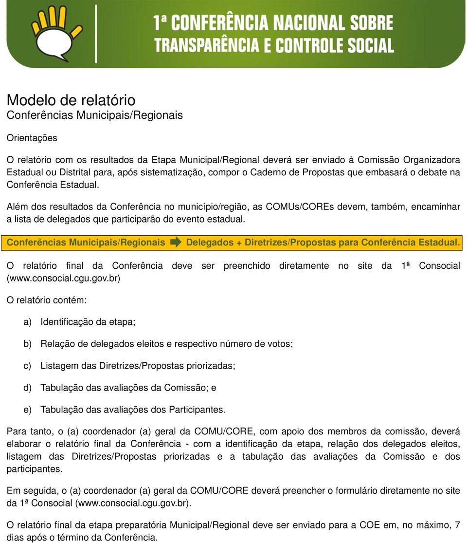 Além dos resultados da Conferência no município/região, as COMUs/COREs devem, também, encaminhar a lista de delegados que participarão do evento estadual.