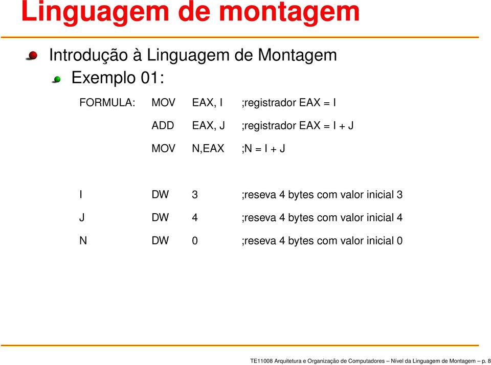 inicial 3 J DW 4 ;reseva 4 bytes com valor inicial 4 N DW 0 ;reseva 4 bytes com valor