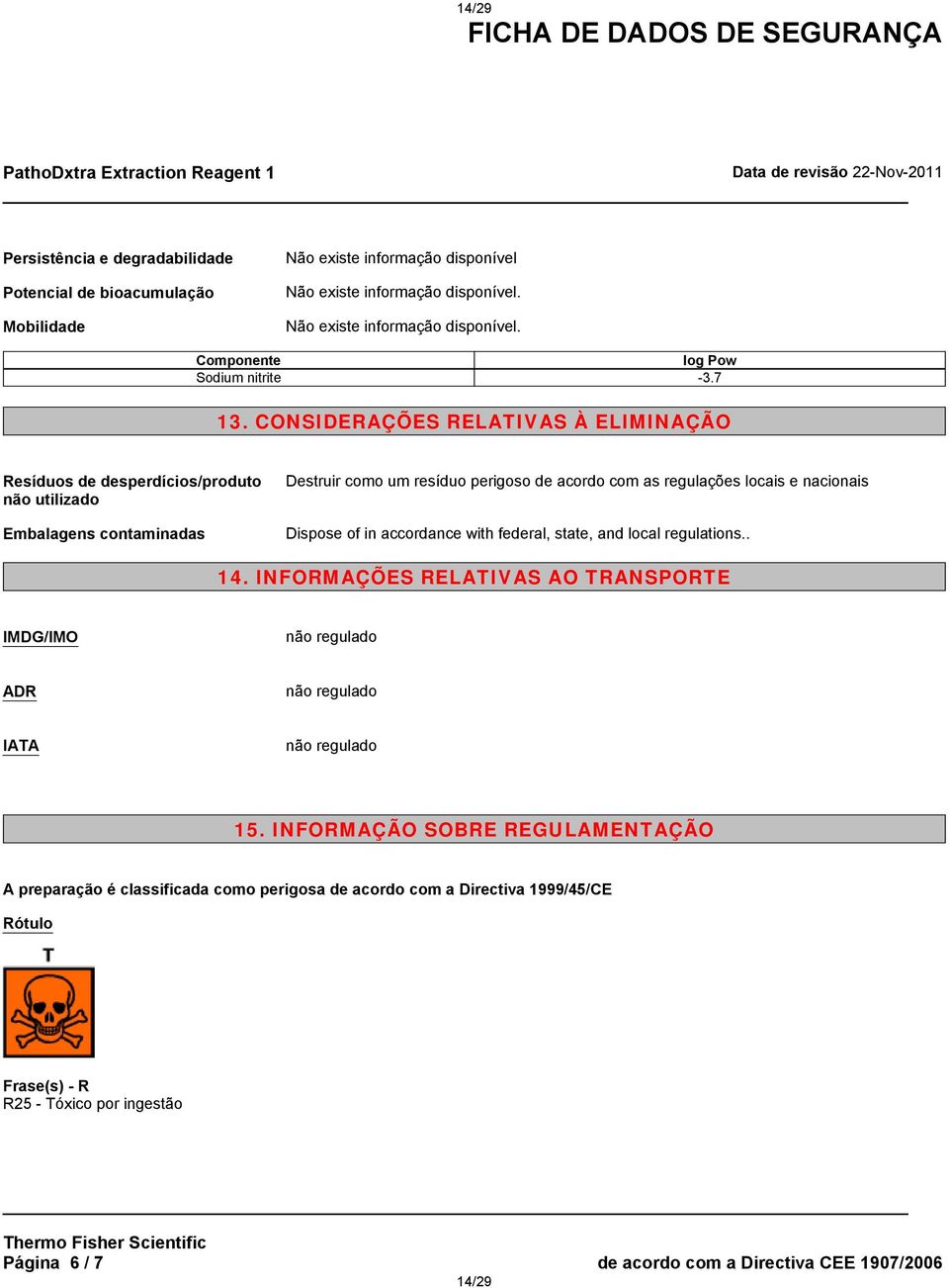 CONSIDERAÇÕES RELATIVAS À ELIMINAÇÃO Resíduos de desperdícios/produto não utilizado Embalagens contaminadas Destruir como um resíduo perigoso de acordo com as regulações locais e