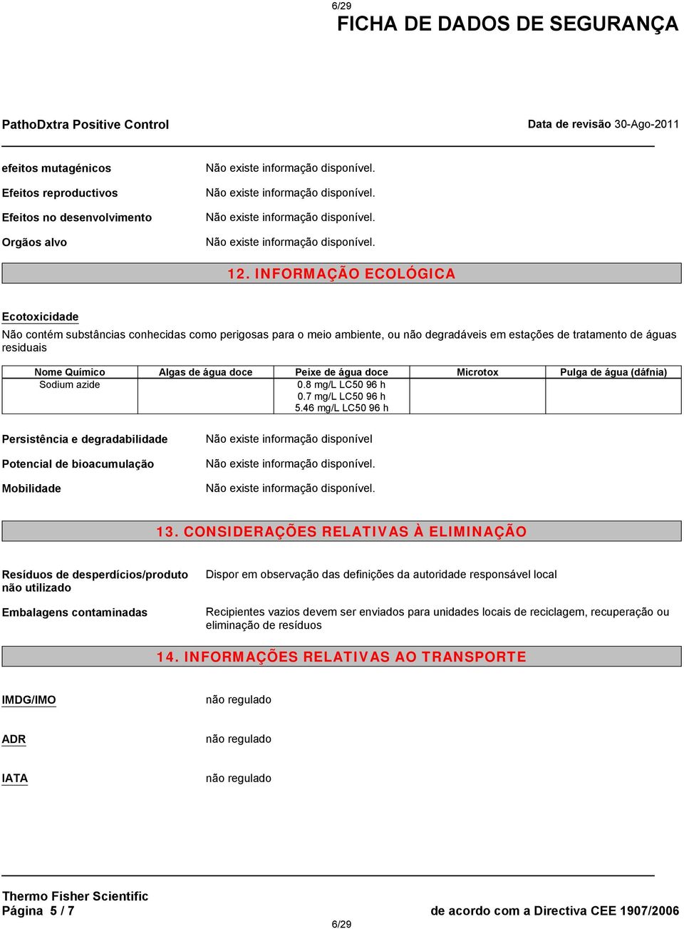 doce Peixe de água doce Microtox Pulga de água (dáfnia) Sodium azide 0.8 mg/l LC50 96 h 0.7 mg/l LC50 96 h 5.