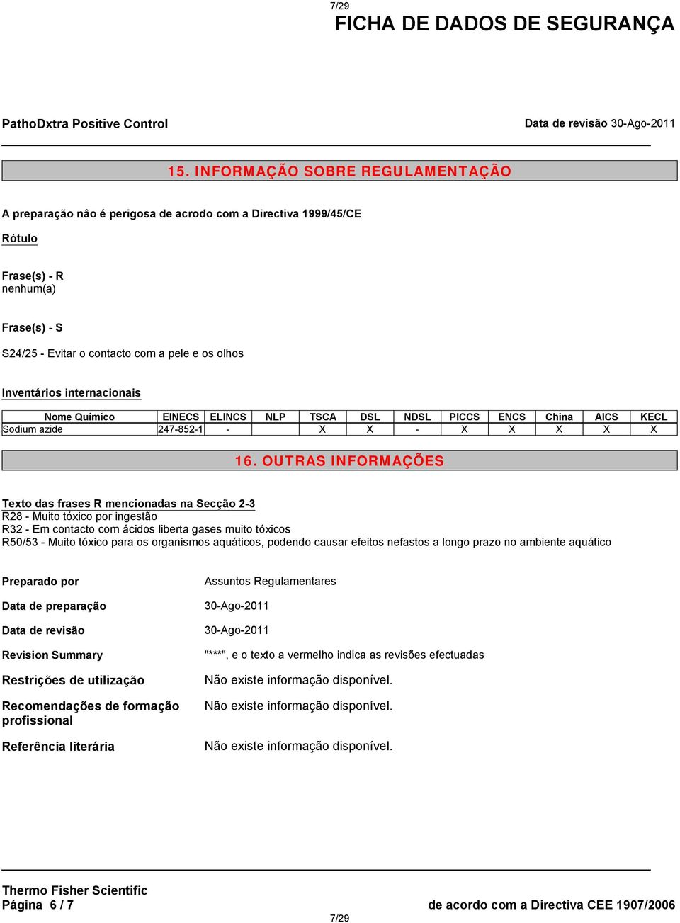 Inventários internacionais Nome Químico EINECS ELINCS NLP TSCA DSL NDSL PICCS ENCS China AICS KECL Sodium azide 247-852-1 - X X - X X X X X 16.