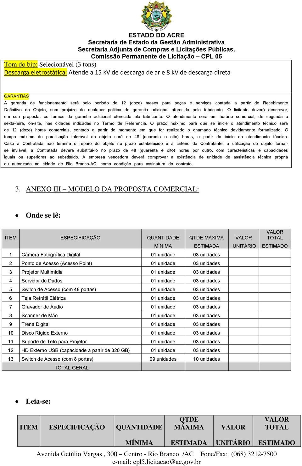 unidades 3 Projetor Multimídia 01 unidade 03 unidades 4 Servidor de Dados 01 unidade 03 unidades 5 48 portas) 01 unidade 03 unidades 6 Tela Retrátil Elétrica 01 unidade 03 unidades 7 Gravador de