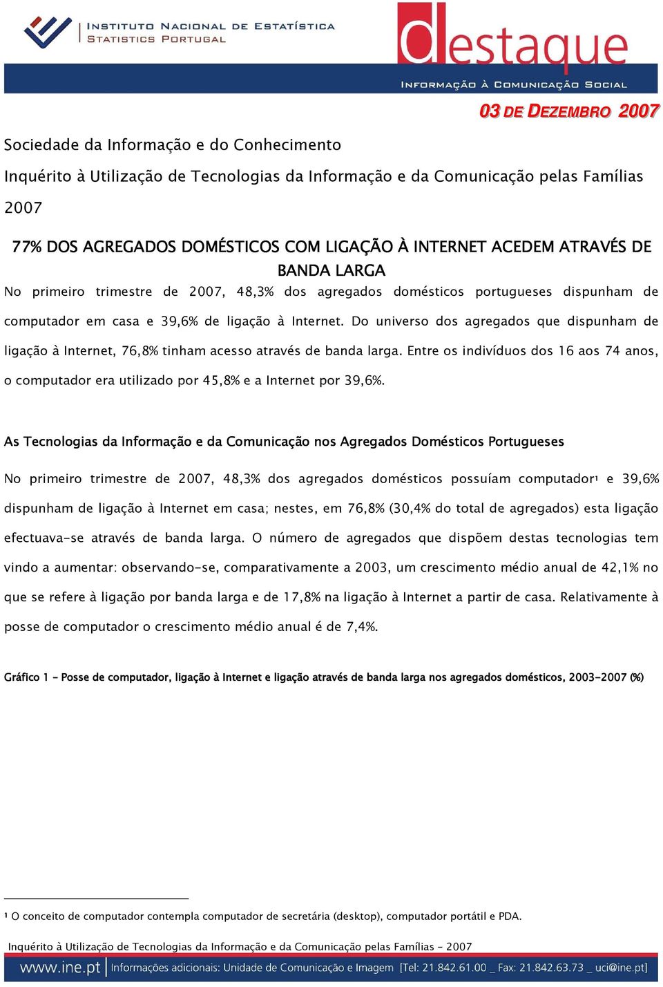 Do universo dos agregados que dispunham de ligação à Internet, 76,8% tinham acesso através de banda larga.