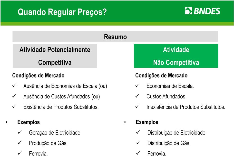 de Custos Afundados (ou) Existência de Produtos Substitutos. Exemplos Geração de Eletricidade Produção de Gás.