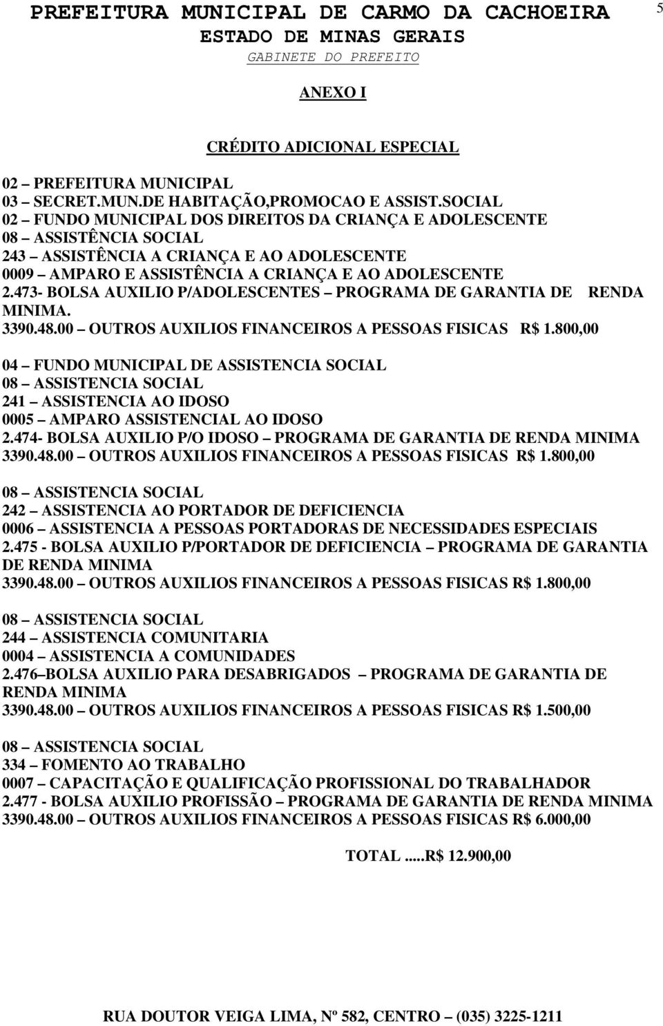 473- BOLSA AUXILIO P/ADOLESCENTES PROGRAMA DE GARANTIA DE RENDA MINIMA. 04 FUNDO MUNICIPAL DE ASSISTENCIA SOCIAL 241 ASSISTENCIA AO IDOSO 0005 AMPARO ASSISTENCIAL AO IDOSO 2.