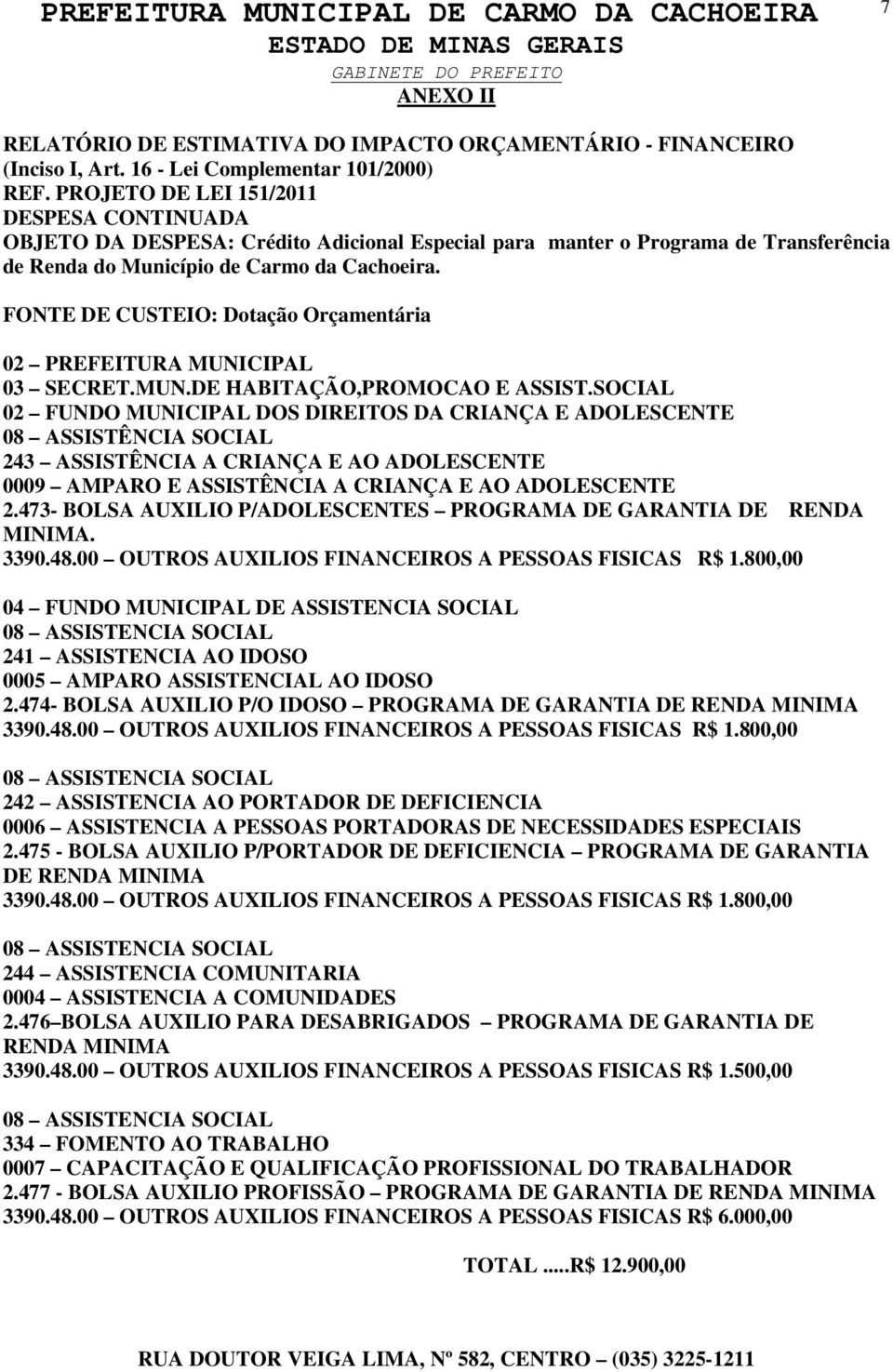 FONTE DE CUSTEIO: Dotação Orçamentária 02 PREFEITURA MUNICIPAL 03 SECRET.MUN.DE HABITAÇÃO,PROMOCAO E ASSIST.
