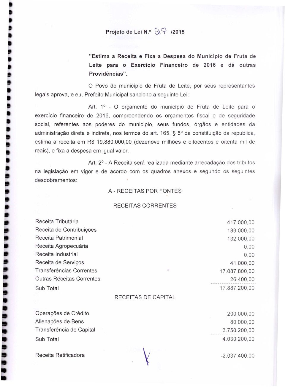 1 - O orçamento do município de Fruta de Leite para o exercício financeiro de 2016, compreendendo os orçamentos fiscal e de seguridade social, referentes aos poderes do município, seus fundos, órgãos