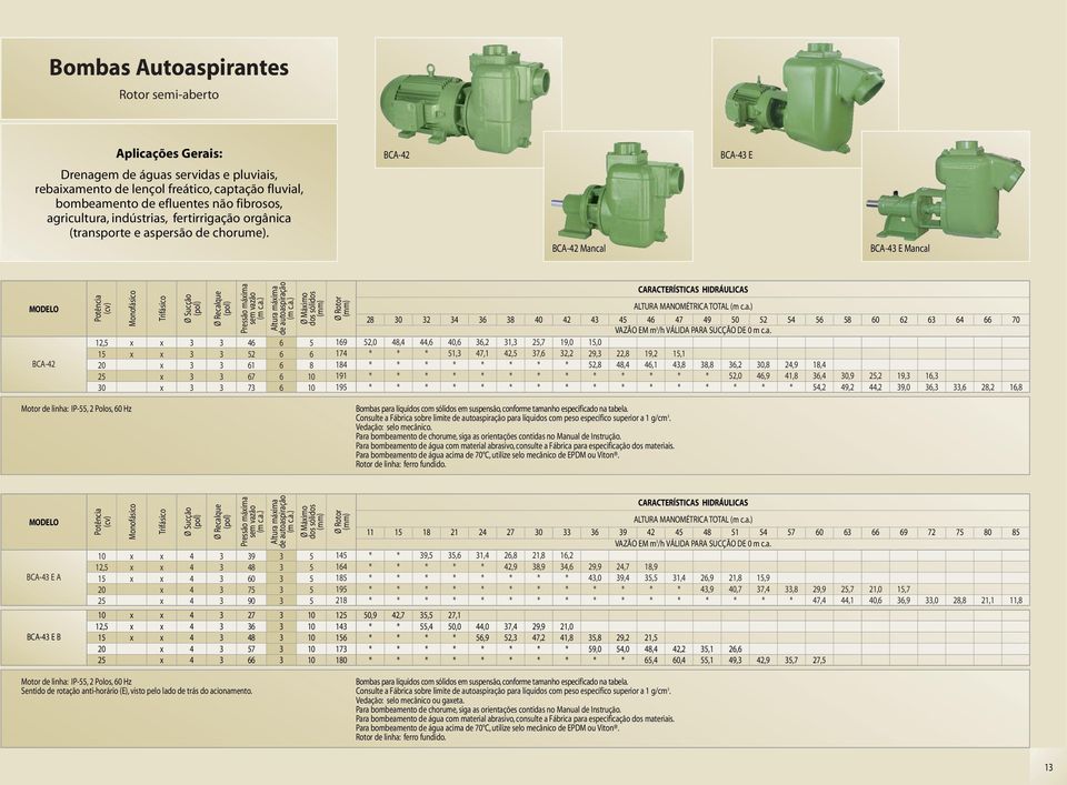 BCA- BCA- Mancal BCA- E BCA- E Mancal BCA-, Pressão máima Altura máima de autoaspiração Ø Máimo dos sólidos 7 7 9 7 9 9 ALTURA MANOMÉTRICA TOTAL 7 9 VAZÃO EM m /h VÁLIDA PARA SUCÇÃO DE m c.a.,,,,,,,7 9,,, 7,, 7,, 9,, 9,,,,,,,,,,9,,,9,,,9, 9,,, 9,, 9,,,,, Motor de linha: IP-, Polos, Hz Bombas para líquidos com sólidos em suspensão,conforme tamanho especificado na tabela.