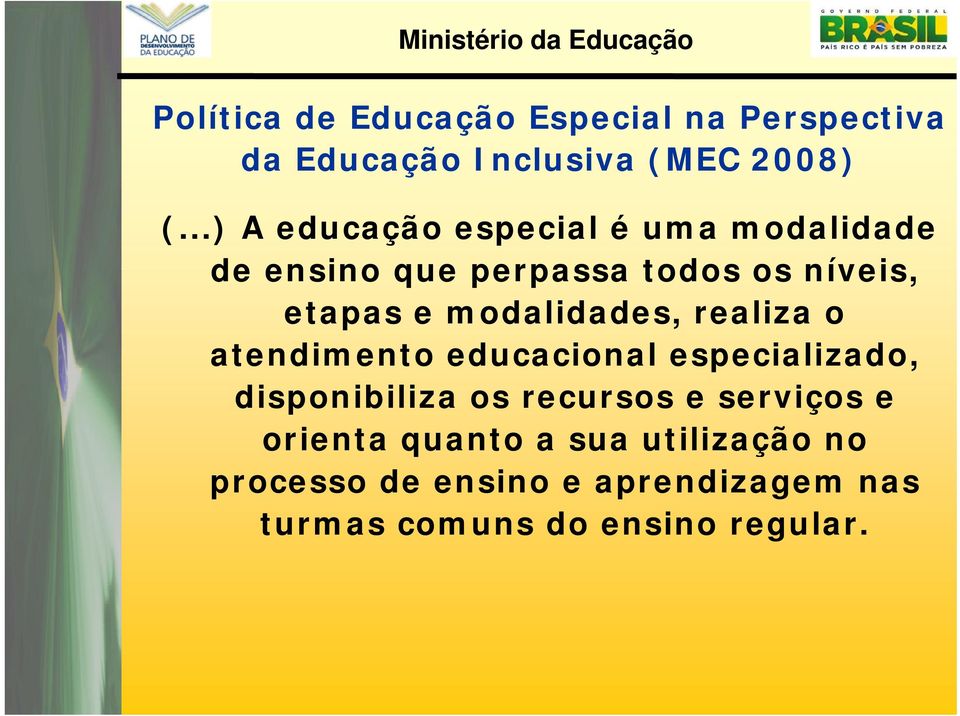 modalidades, realiza o atendimento educacional especializado, disponibiliza os recursos e