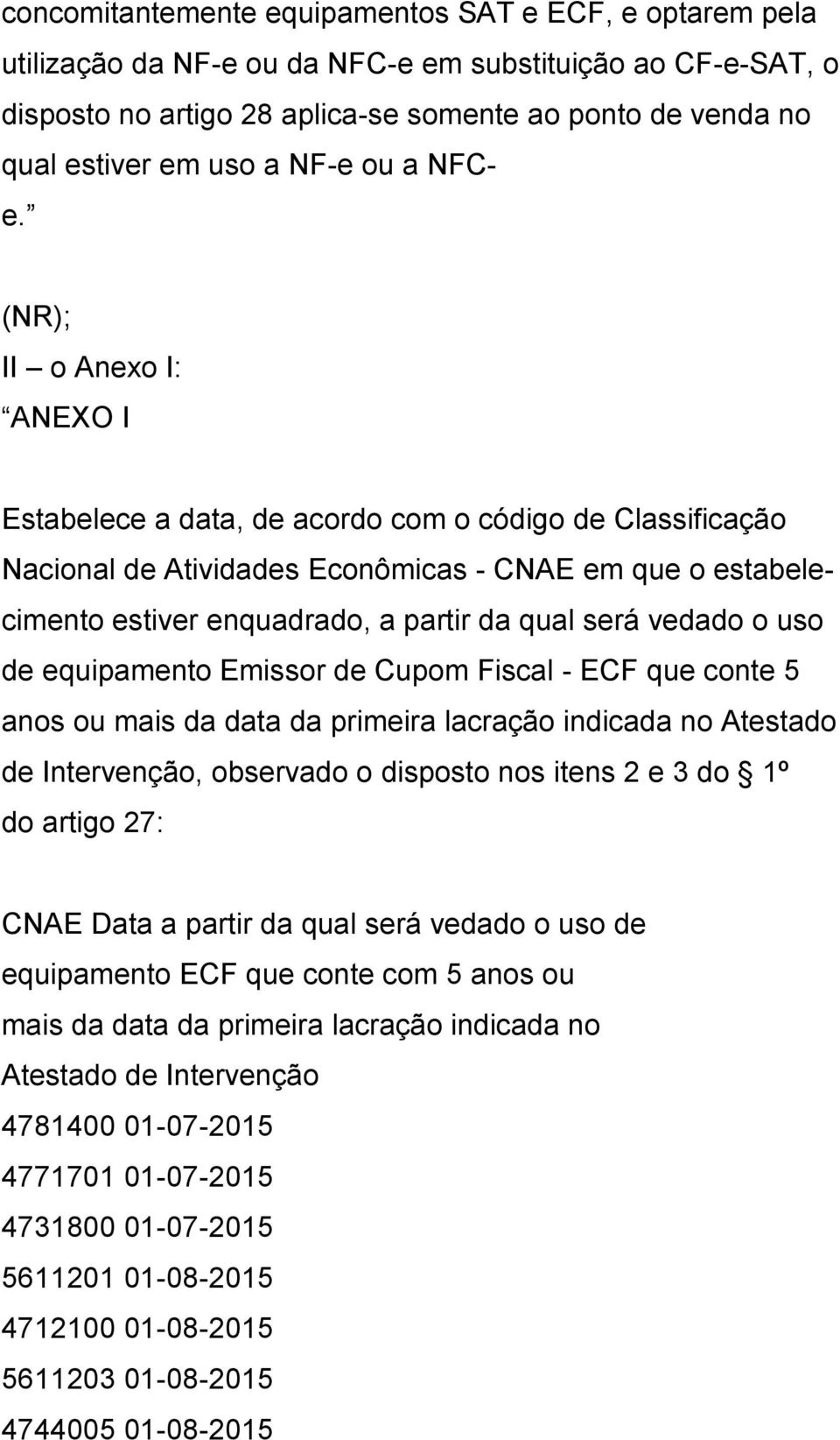 (NR); II o Anexo I: ANEXO I Estabelece a data, de acordo com o código de Classificação Nacional de Atividades Econômicas - CNAE em que o estabelecimento estiver enquadrado, a partir da qual será