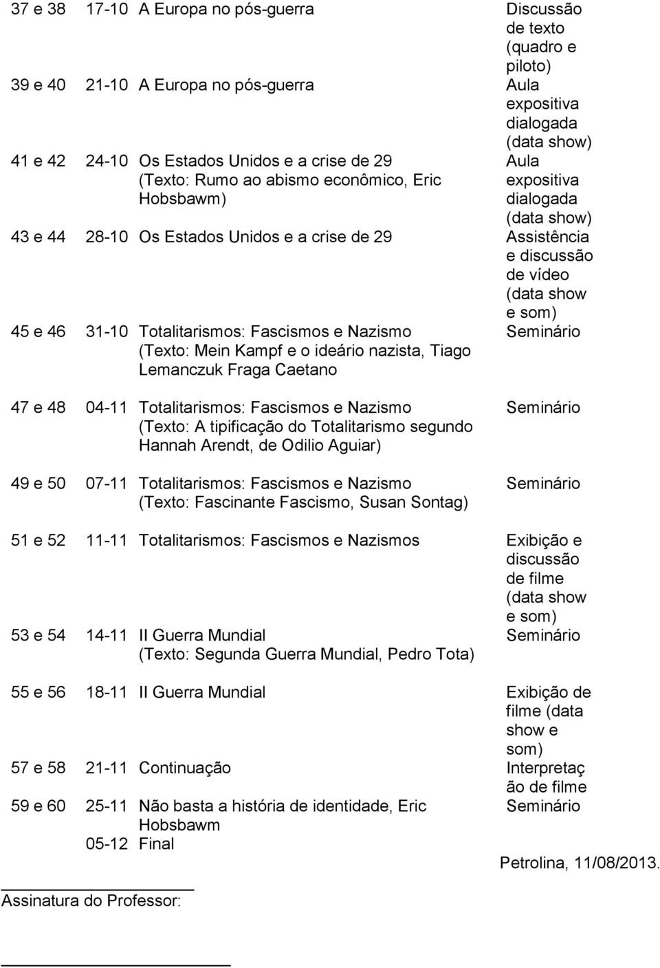 Fraga Caetano 47 e 48 04-11 Totalitarismos: Fascismos e Nazismo (Texto: A tipificação do Totalitarismo segundo Hannah Arendt, de Odilio Aguiar) 49 e 50 07-11 Totalitarismos: Fascismos e Nazismo