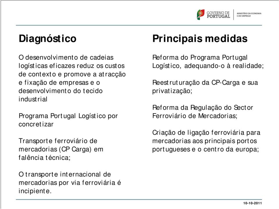 Portugal Logístico, adequando-o à realidade; Reestruturação da CP-Carga e sua privatização; Reforma da Regulação do Sector Ferroviário de Mercadorias; Criação de