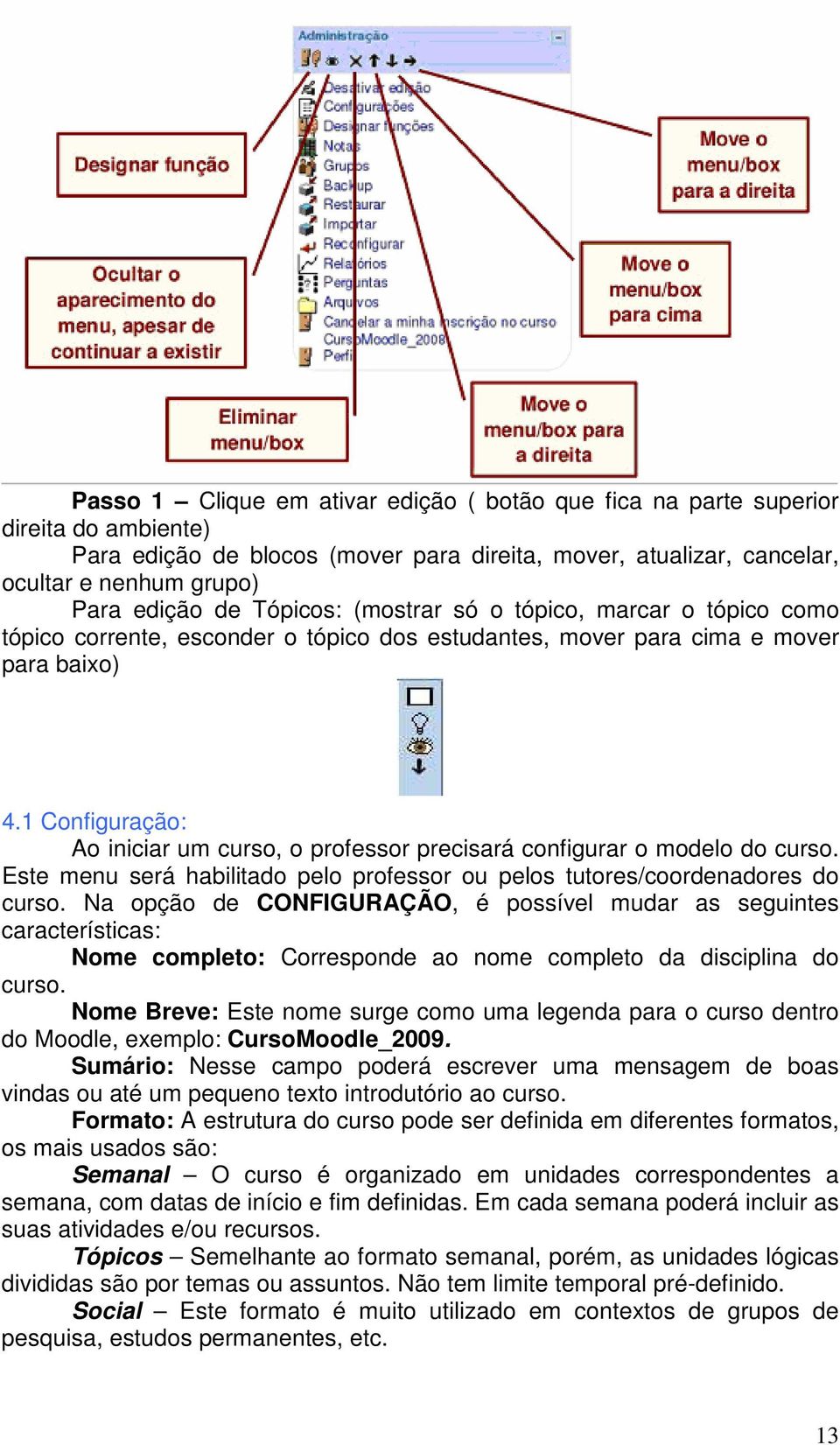 1 Configuração: Ao iniciar um curso, o professor precisará configurar o modelo do curso. Este menu será habilitado pelo professor ou pelos tutores/coordenadores do curso.