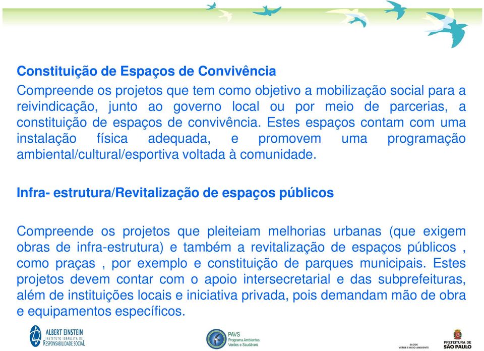 Infra- estrutura/revitalização de espaços públicos Compreende os projetos que pleiteiam melhorias urbanas (que exigem obras de infra-estrutura) e também a revitalização de espaços públicos, como