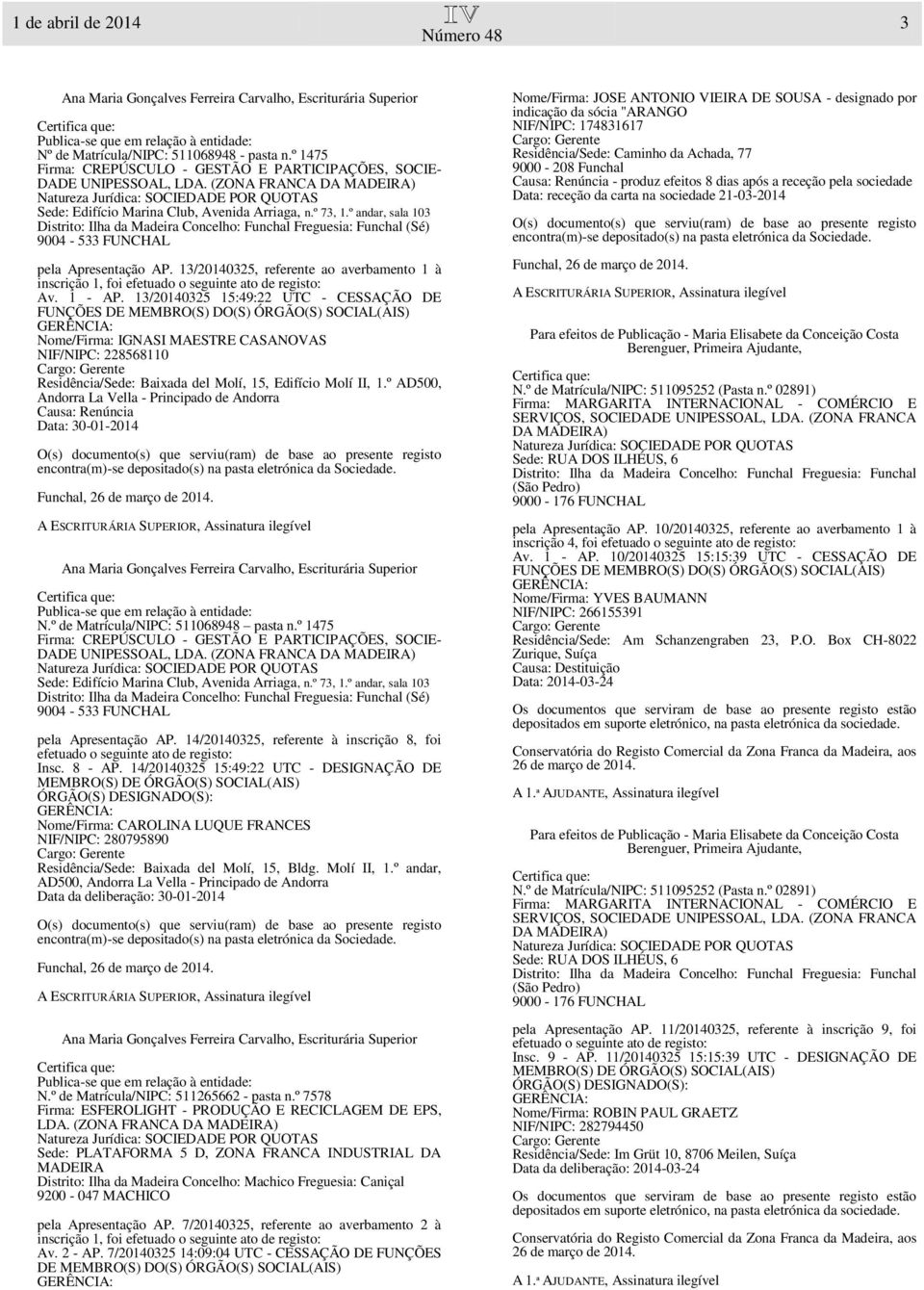 13/20140325 15:49:22 UTC - CESSAÇÃO DE Nome/Firma: IGNASI MAESTRE CASANOVAS NIF/NIPC: 228568110 Residência/Sede: Baixada del Molí, 15, Edifício Molí II, 1.