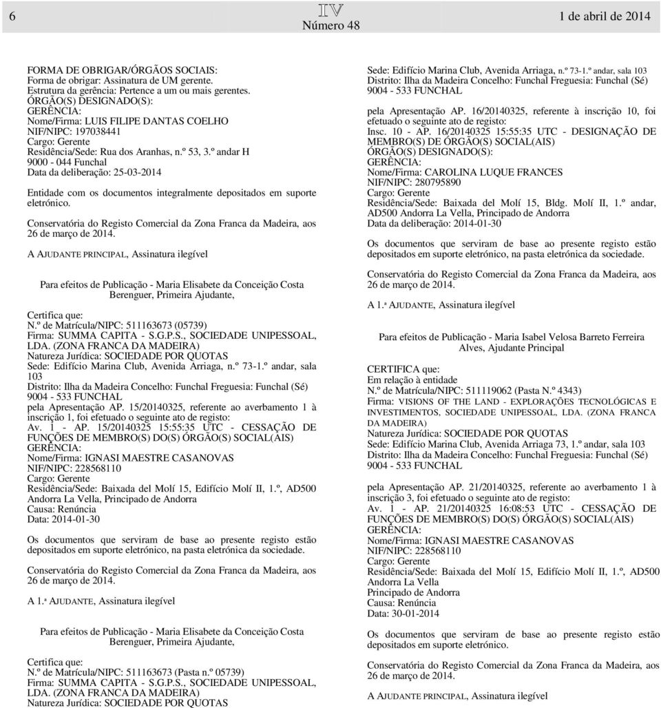 º andar H 9000-044 Funchal Data da deliberação: 25-03-2014 Entidade com os documentos integralmente depositados em suporte eletrónico. N.º de Matrícula/NIPC: 511163673 (05739) Firma: SUMMA CAPITA - S.