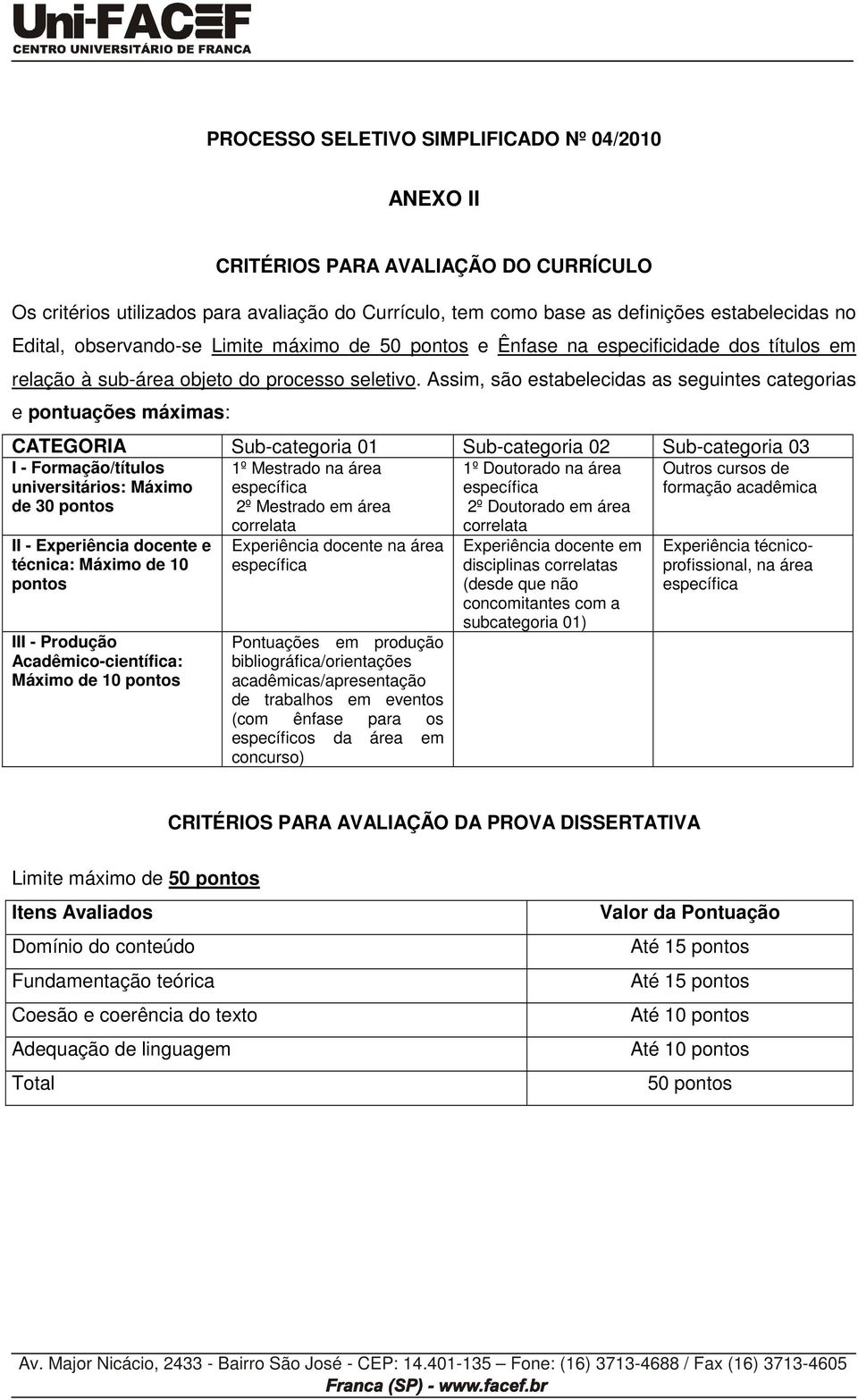 Assim, são estabelecidas as seguintes categorias e pontuações máximas: CATEGORIA Sub-categoria 01 Sub-categoria 02 Sub-categoria 03 I - Formação/títulos universitários: Máximo de 30 pontos 1º