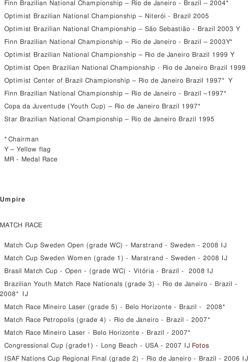 Janeiro Brazil 1999 Optimist Center of Brazil Championship Rio de Janeiro Brazil 1997* Y Finn Brazilian National Championship Rio de Janeiro - Brazil 1997* Copa da Juventude (Youth Cup) Rio de