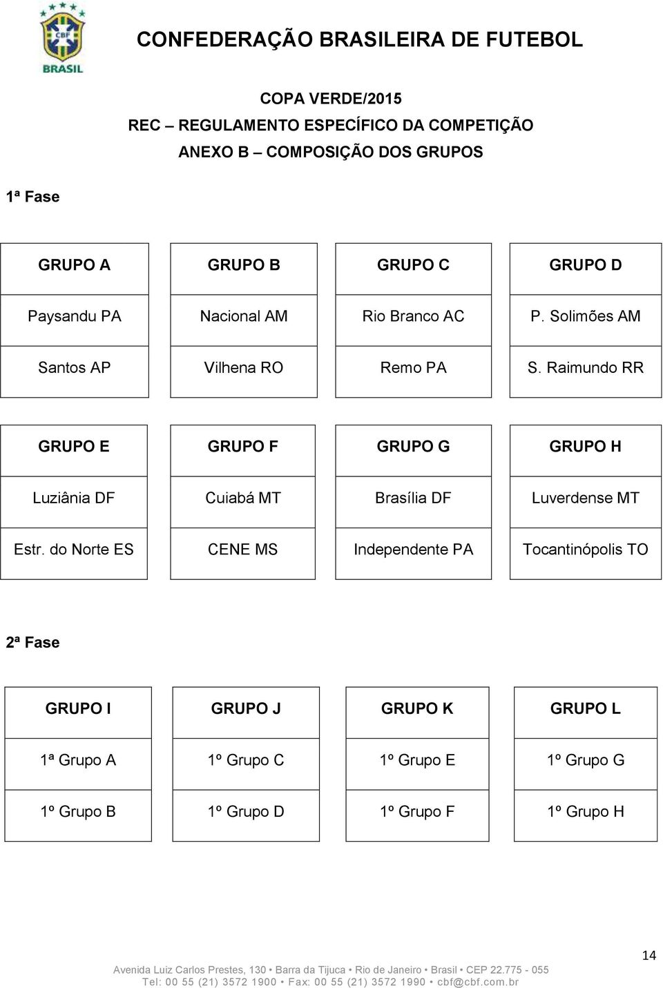 Raimundo RR GRUPO E GRUPO F GRUPO G GRUPO H Luziânia DF Cuiabá MT Brasília DF Luverdense MT Estr.
