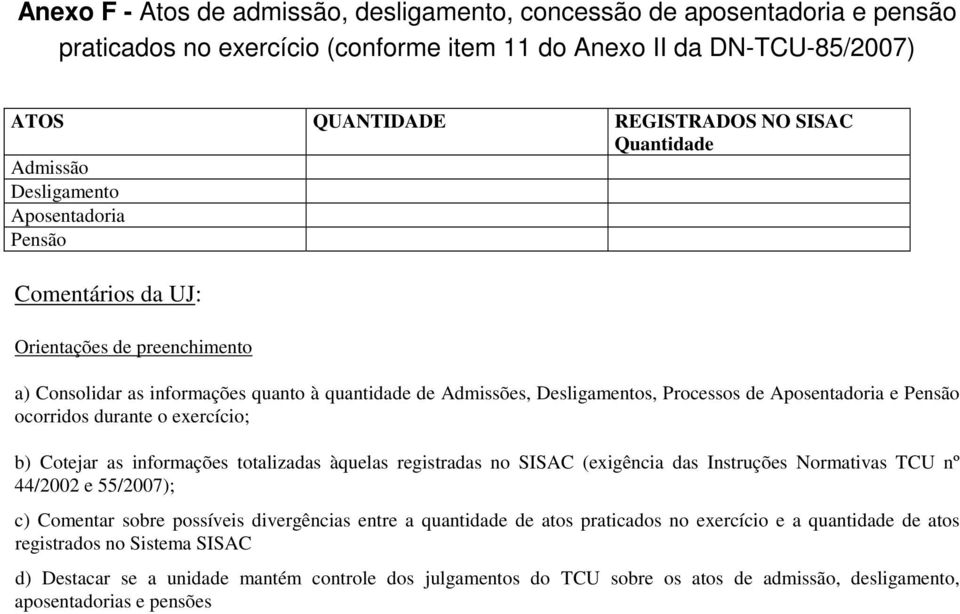 Pensão ocorridos durante o exercício; b) Cotejar as informações totalizadas àquelas registradas no SISAC (exigência das Instruções Normativas TCU nº 44/2002 e 55/2007); c) Comentar sobre possíveis