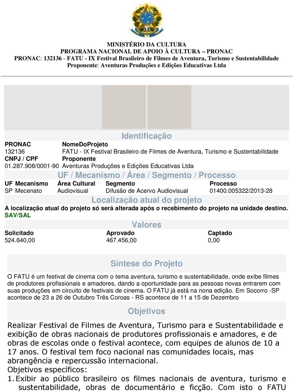 98/1-9 Aventuras Produções e Edições Educativas Ltda UF Mecanismo SP Mecenato UF / Mecanismo / Área / Segmento / Processo Área Cultural Audiovisual Segmento Difusão de Acervo Audiovisual Processo 14.