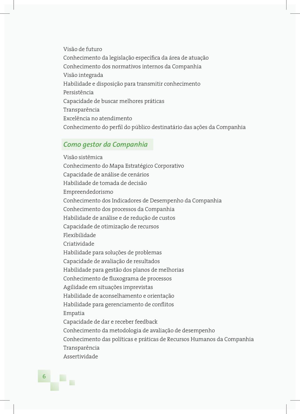 sistêmica Conhecimento do Mapa Estratégico Corporativo Capacidade de análise de cenários Habilidade de tomada de decisão Empreendedorismo Conhecimento dos Indicadores de Desempenho da Companhia